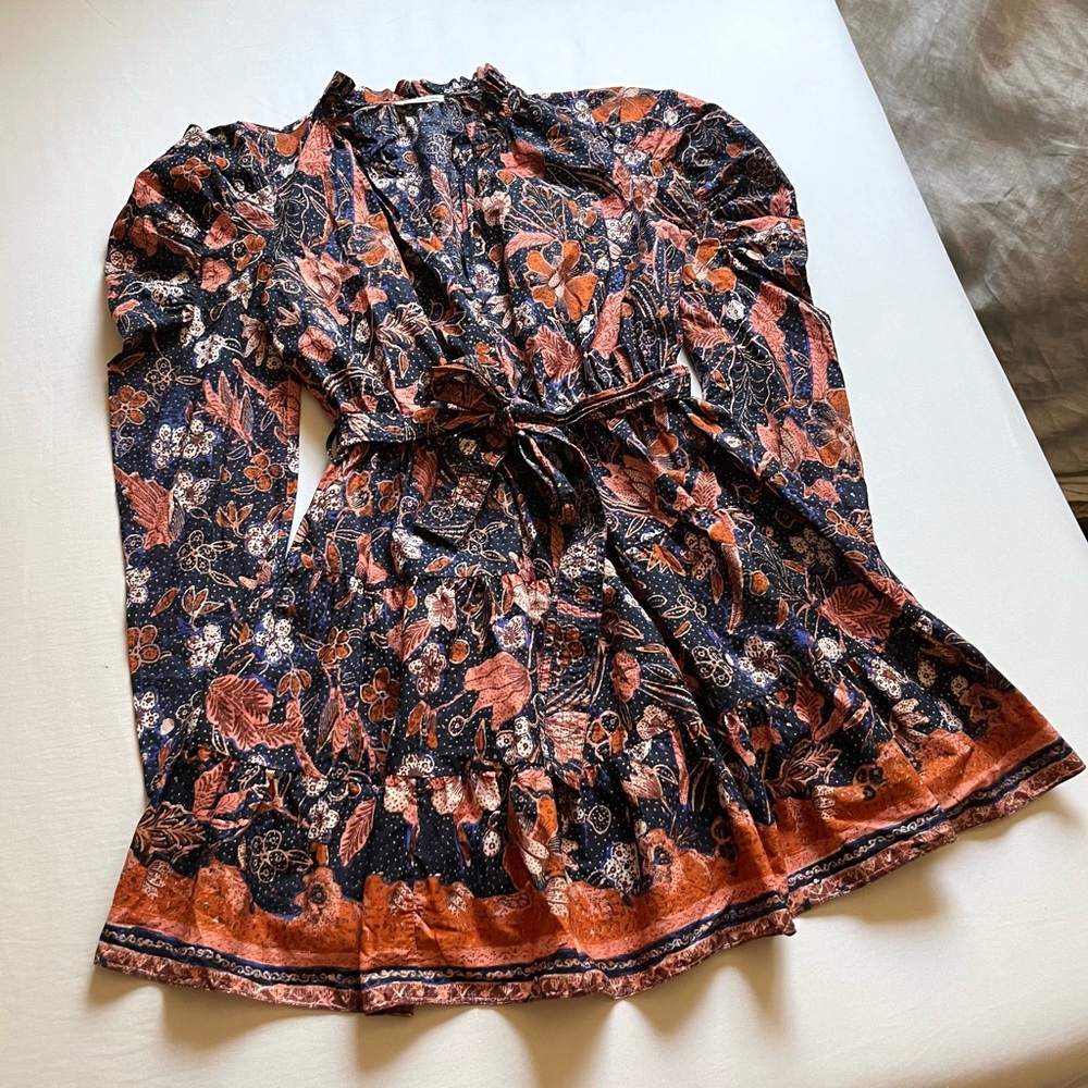 Ulla Johnson Navy Floral Mini Dress with Rust Trim
